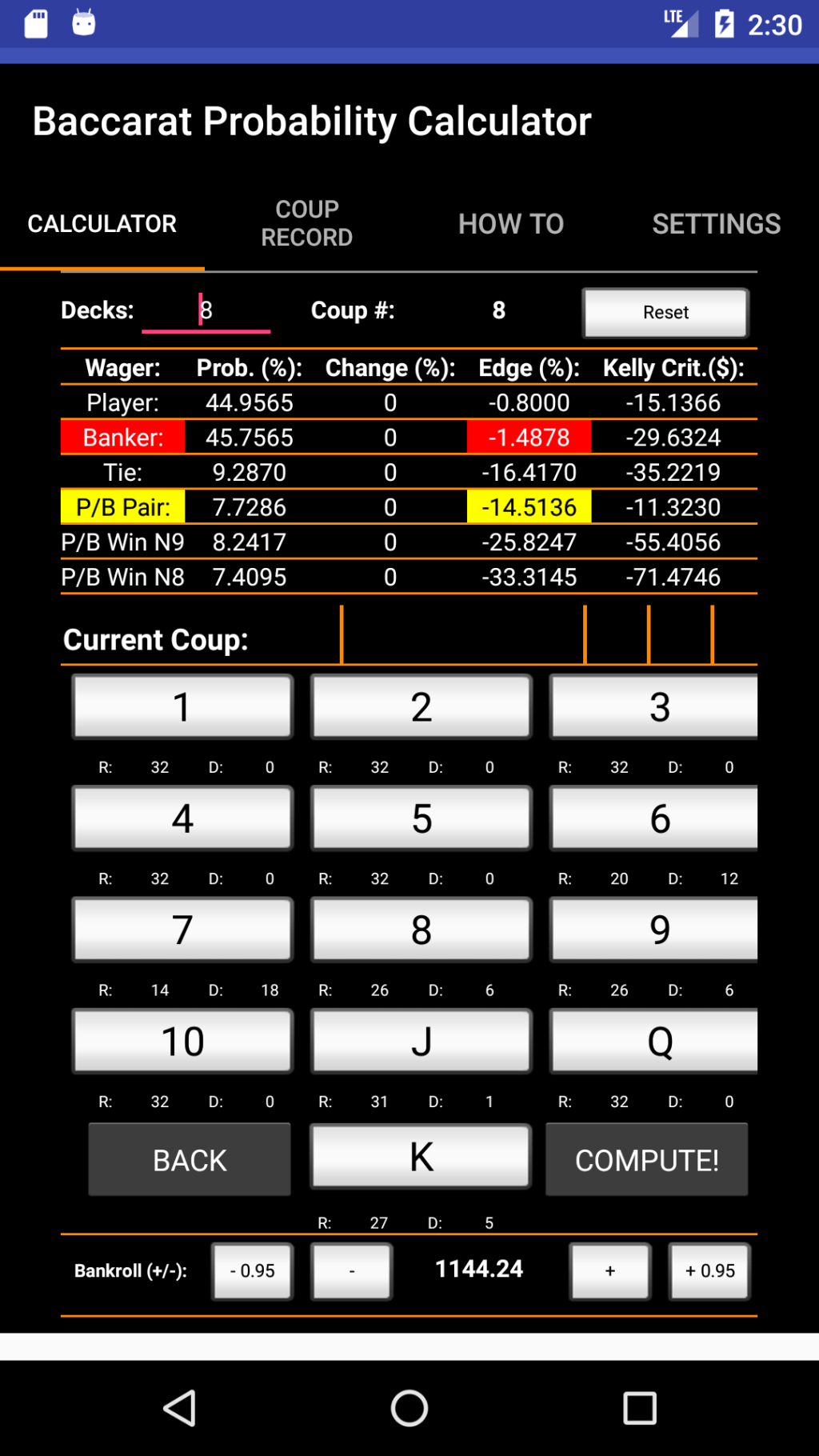 Baccarat Probability Calculator on&nbsp;Android